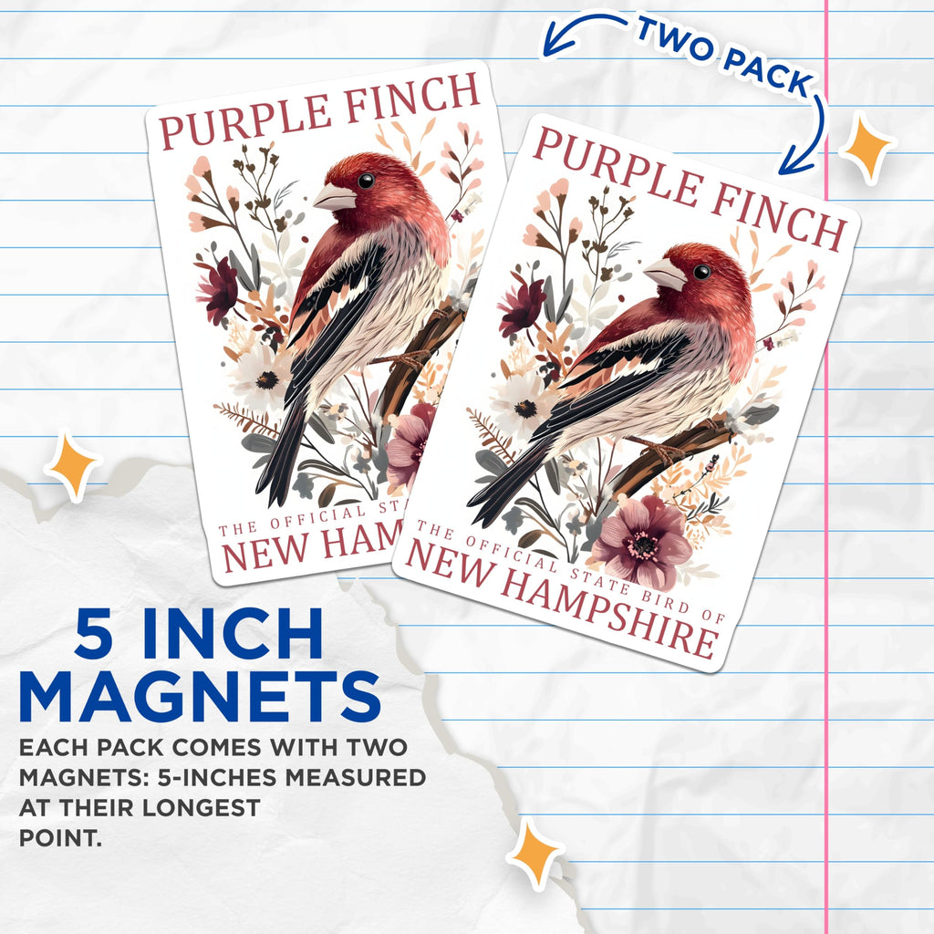 (2 Pack) Purple Finch Magnets - New Hampshire State Bird Art - Floral Nature Aesthetic Decor for Refrigerator - 5 Inches On Longest Side - Thick Durable Magnet - Made in USA - MAG19101