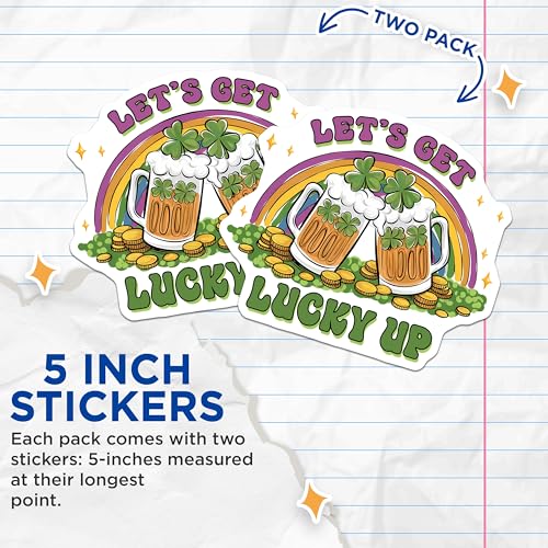 (2 Pack) Lucky Up Beer Stickers - Rainbow Clover Coins - Leprechaun Themed Sticker Pack - 5" On Longest Side - Sticks to Smooth Flat Surfaces - Made in USA - BMCS8412