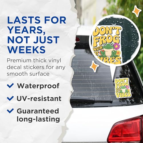 (2 Pack) Don't Frog with My Vibes Stickers - Funny Frog Stickers - Cute Animal Stickers for Water Bottles Laptops - 5" On Longest Side - Sticks to Smooth Flat Surfaces - Made in USA - BMCS3771