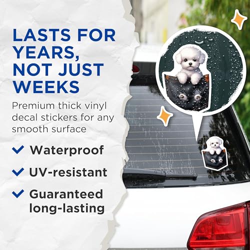 (2 Pack) Cute Bichon Frise Dog Stickers - Pocket Dog Decal - Adorable Puppy Stickers - 5" On Longest Side - Sticks to Smooth Flat Surfaces - Made in USA - BMCS3877