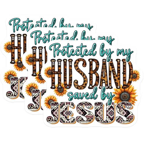 (3 Pack) Protected by Husband Decals - Saved by Jesus - Sunflower Laptop Decal - 3 Inches On Longest Side - Easy Peel & Apply - Made in USA - 3MCS1903