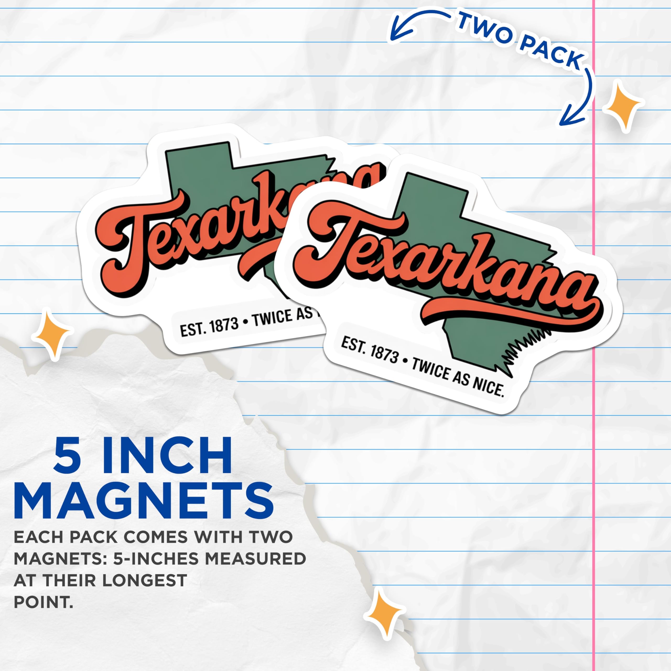 (2 Pack) Texarkana Magnets - Texas Arkansas Line - City Pride Magnets - 5" On Longest Side - Premium Magnet - for Cars, Refrigerators, Toolboxes, Lockers - Made in USA - MAG17974