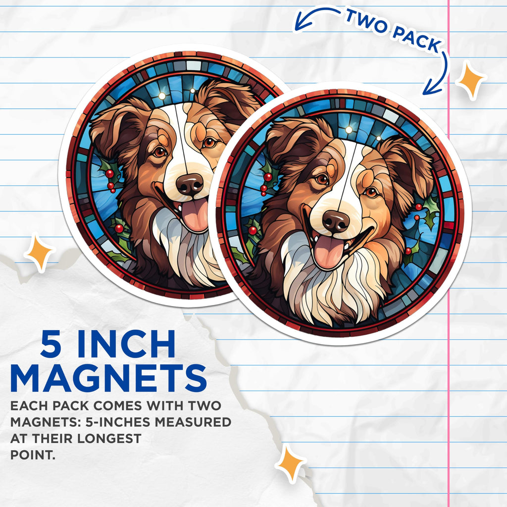 (2 Pack) Australian Shepherd Magnets - Stained Glass Dog Art - Holiday Pet Decor - 5 Inches On Longest Side - Thick Durable Magnet - Made in USA - MAG25993