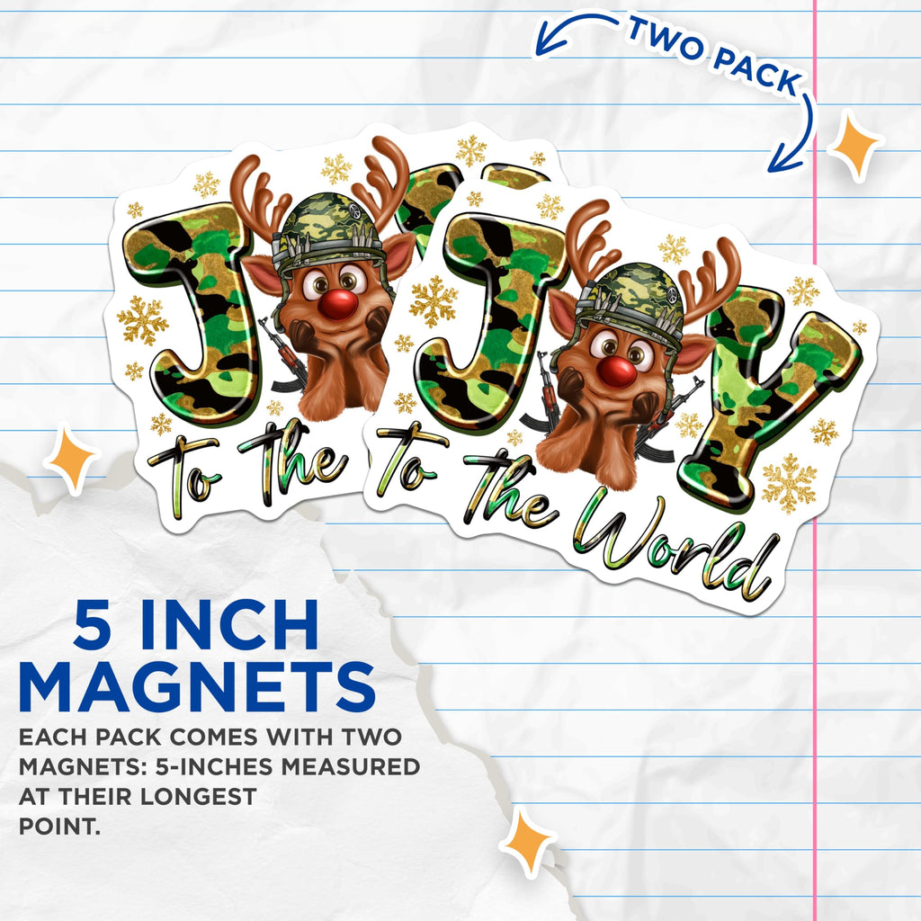(2 Pack) Military Christmas Magnets - Camo Reindeer Joy - Edgy Holiday Decor - 5 Inches On Longest Side - Thick Durable Magnet - Made in USA - MAG29526