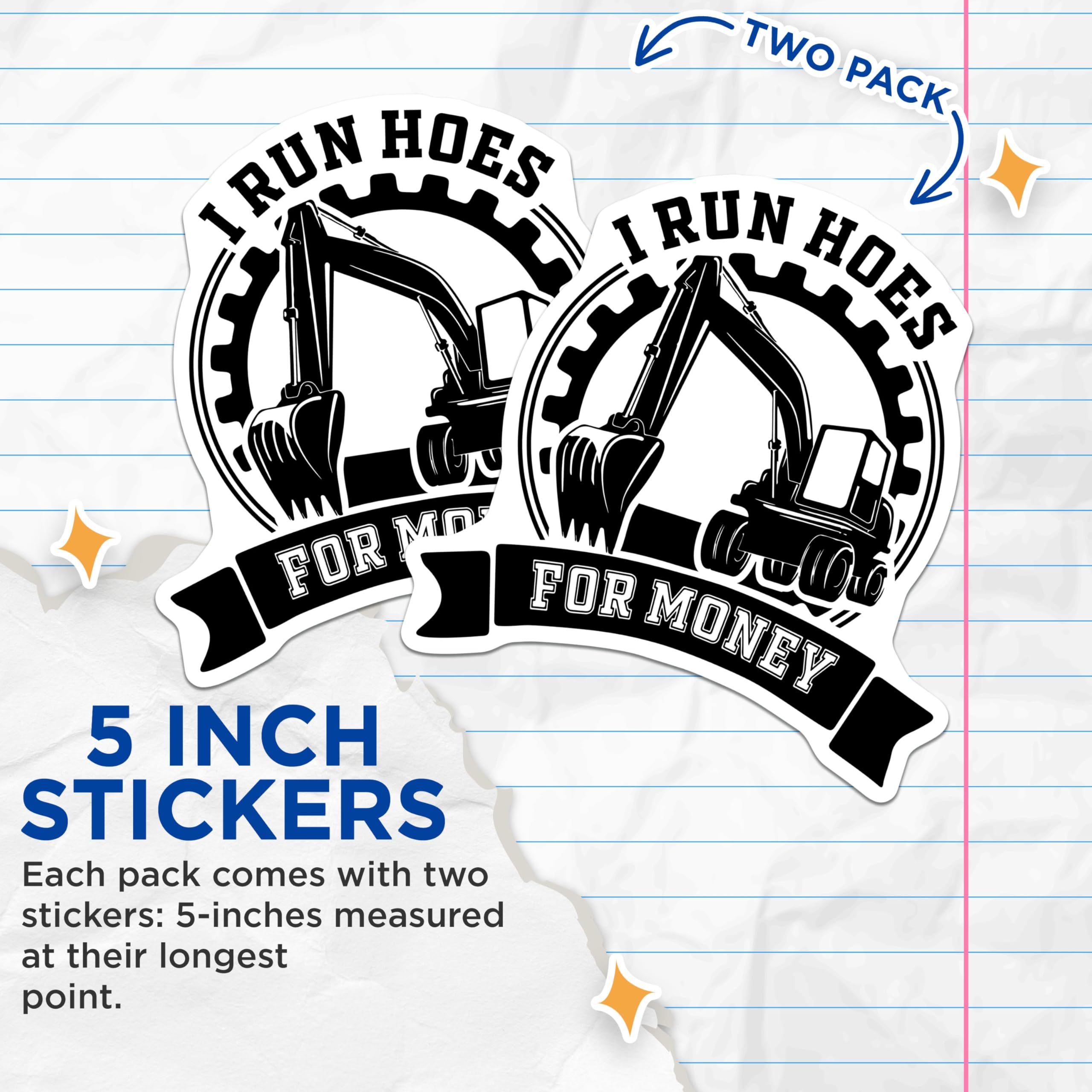 (2 Pack) I Run Hoes for Money Stickers - Funny Construction Worker Sticker - Humorous Heavy Equipment Operator Decal - 5" On Longest Side - Sticks to Smooth Flat Surfaces - Made in USA - BMCS8904