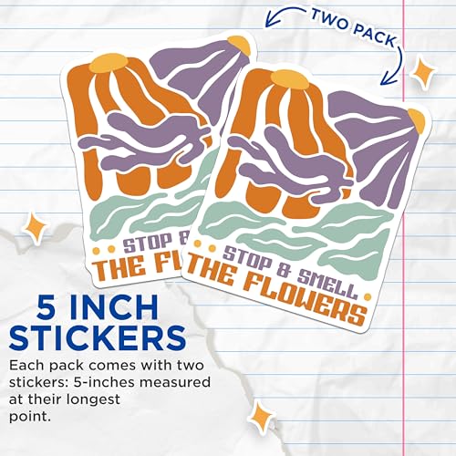 (2 Pack) Stop and Smell The Flowers Stickers - Inspirational Quote Sticker - Flower Art Sticker - 5" On Longest Side - Sticks to Smooth Flat Surfaces - Made in USA - BMCS3840