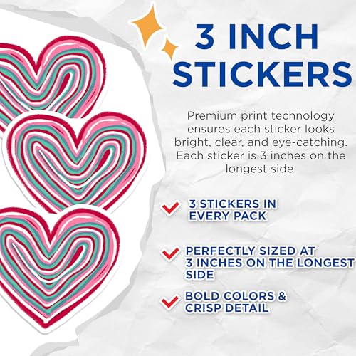 (3 Pack) Striped Heart Decals - Colorful Heart Sticker - Laptop Decal - 3 Inches On Longest Side - Easy Peel & Apply - Made in USA - 3MCS2223