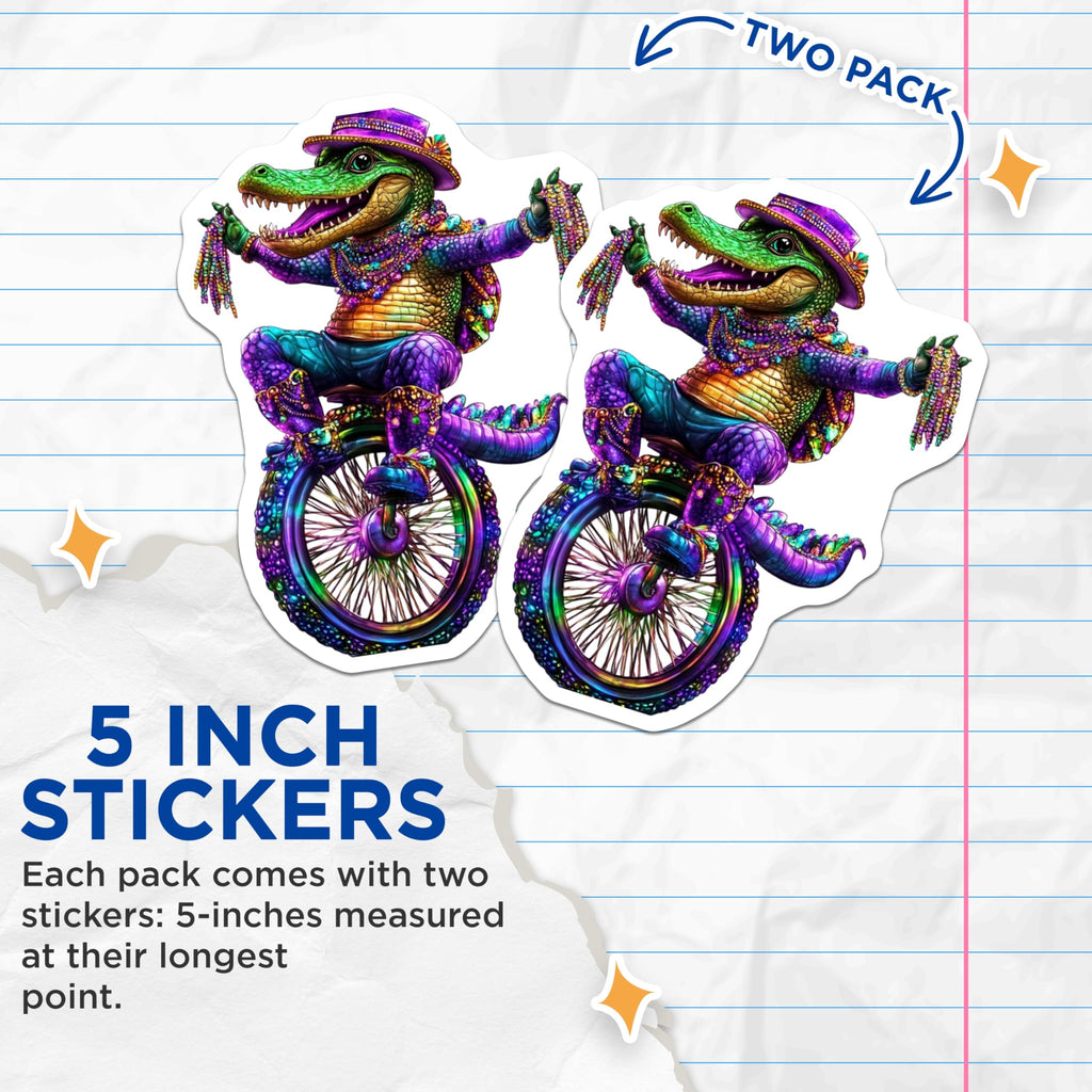 (2 Pack) Alligator Mardi Gras Stickers - Party Gator - Unicycle Rider - Colorful Stickers - 5" On Longest Side - Sticks to Smooth Flat Surfaces - Made in USA - BMCS15547