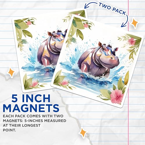 (2 Pack) Adorable Hippo Magnets Magnets - Animal Art - Kitchen Decor - 5" On Longest Side - Made in USA - Sticks to Refrigerators & Metal Surfaces - MAG8700