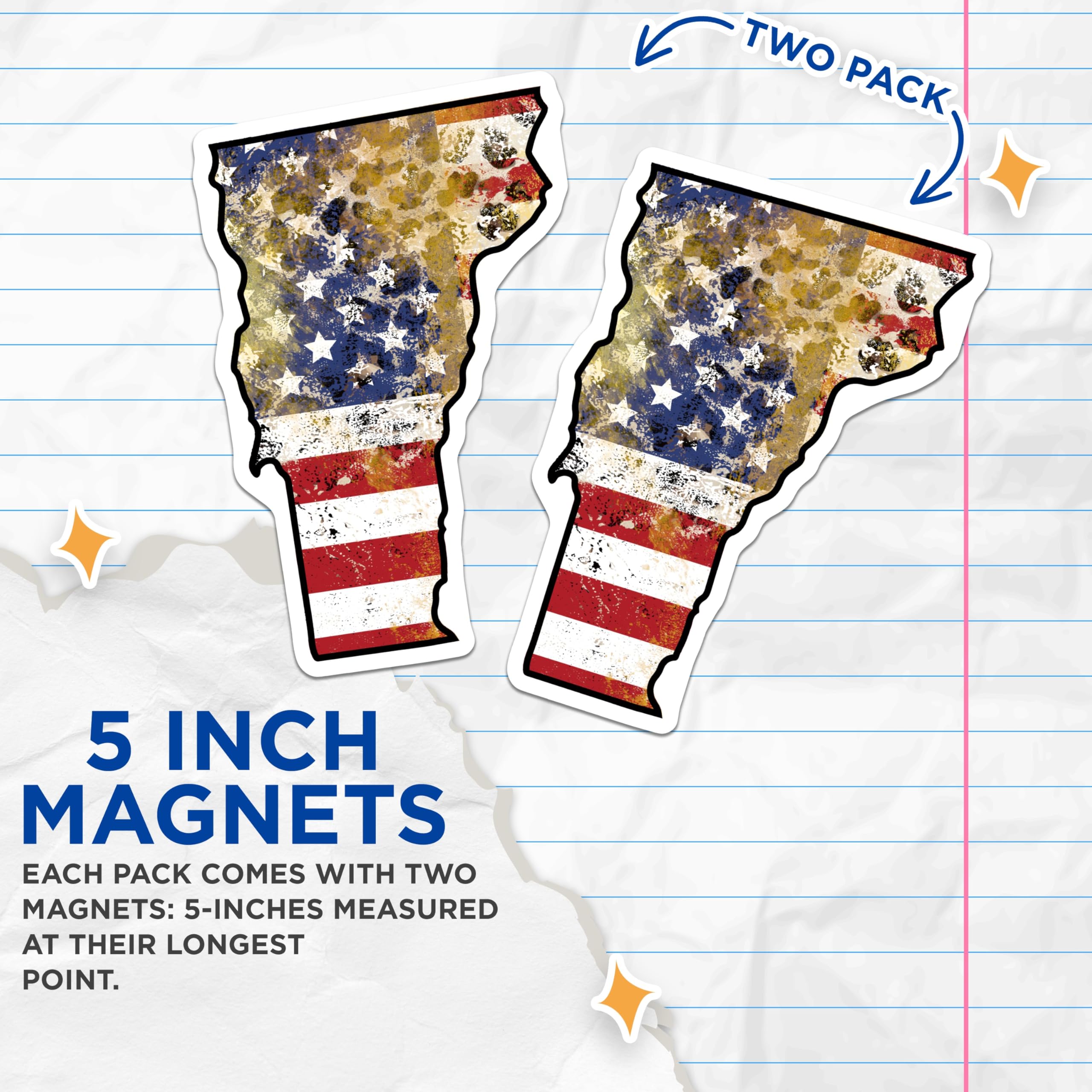 (2 Pack) Vermont State Flag Magnets - Distressed American Flag - Fridge Magnets - 5" On Longest Side - Premium Magnet - for Cars, Refrigerators, Toolboxes, Lockers - Made in USA - MAG17654