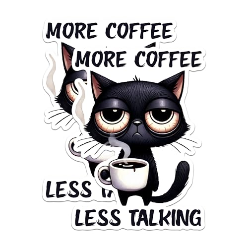 (2 Pack) Funny Cat Coffee Stickers - Black Cat More Coffee Stickers - Cute Coffee Lover Stickers - 5" On Longest Side - Sticks to Any Smooth Flat Surface - Made in USA - BMCS2784