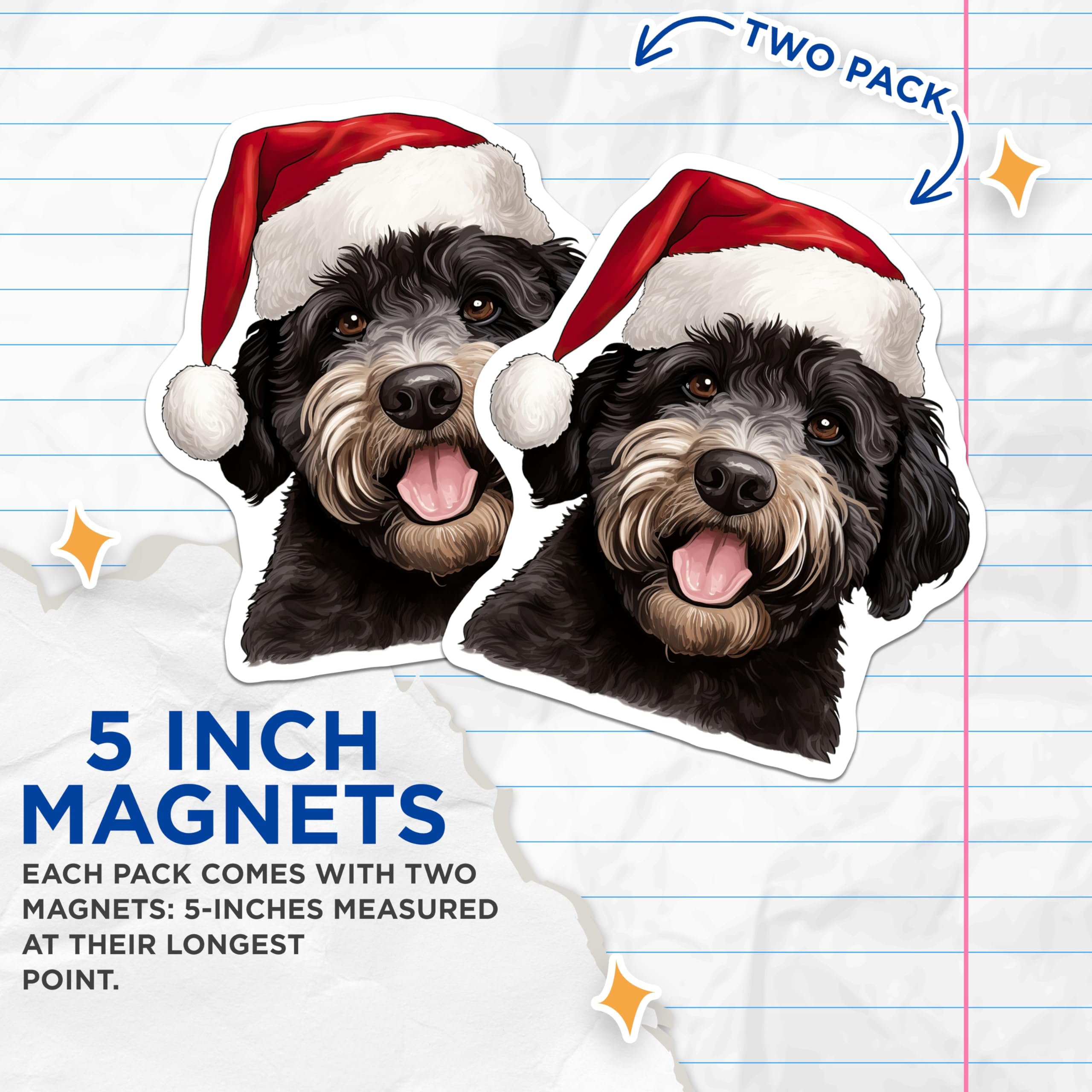 (2 Pack) Christmas Doodle Dog Magnets - Santa Hat Pet Lover Decor - Holiday Refrigerator Accents - 5 Inches On Longest Side - Thick Durable Magnet - Made in USA - MAG30492