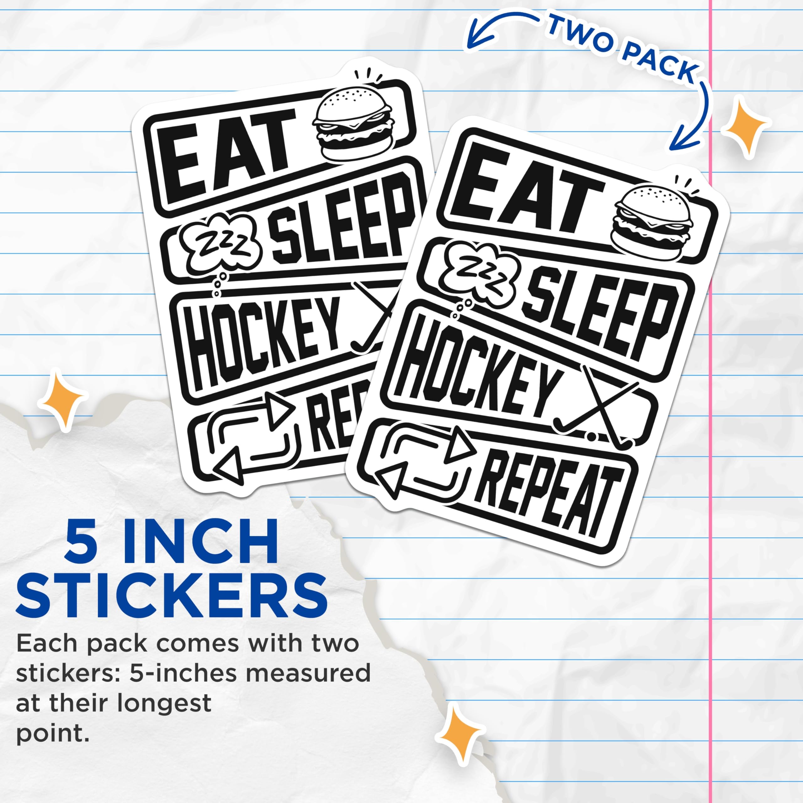 (2 Pack) Eat Sleep Hockey Repeat Stickers - Hockey Lover Decal - Funny Sports Fan - 5" On Longest Side - Sticks to Smooth Flat Surfaces - Made in USA - BMCS18455