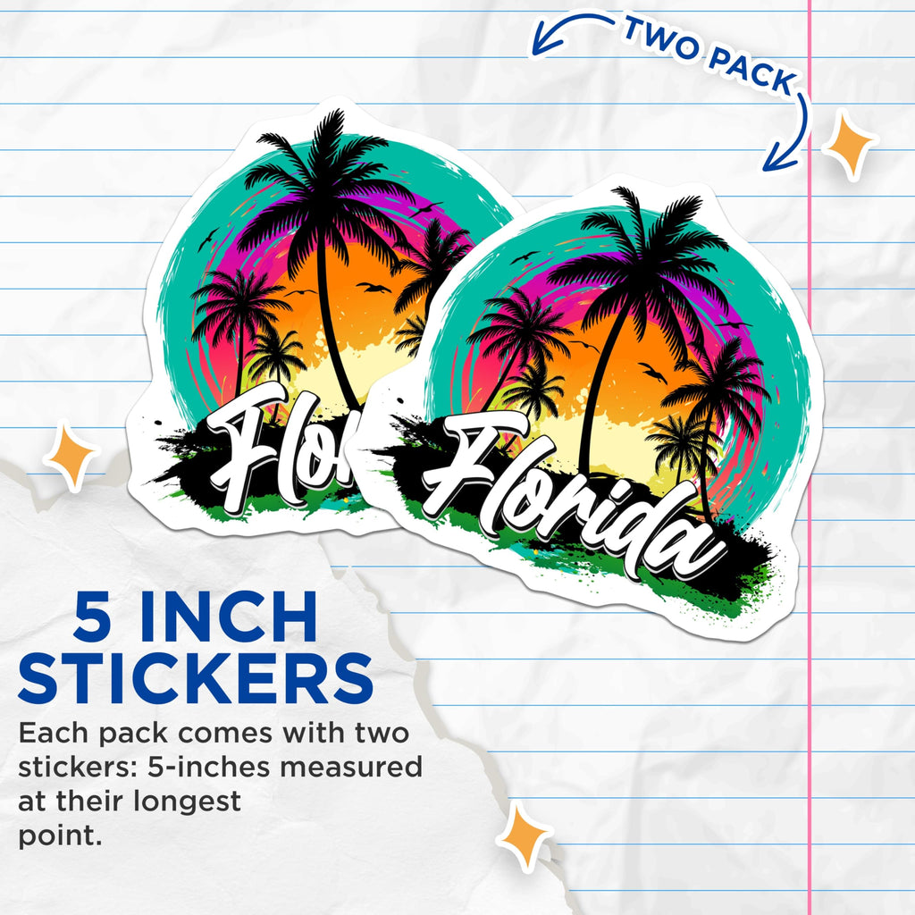 (2 Pack) Florida Palm Tree Stickers - Tropical Sunset Decals - Vibrant State Souvenir - 5" On Longest Side - Sticks to Smooth Flat Surfaces - Made in USA - BMCS18003