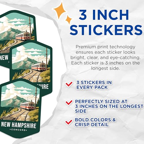 (3 Pack) New Hampshire Decals - Concord NH - Tramway Stickers - 3 Inches On Longest Side - Easy Peel & Apply - Made in USA - 3MCS0370