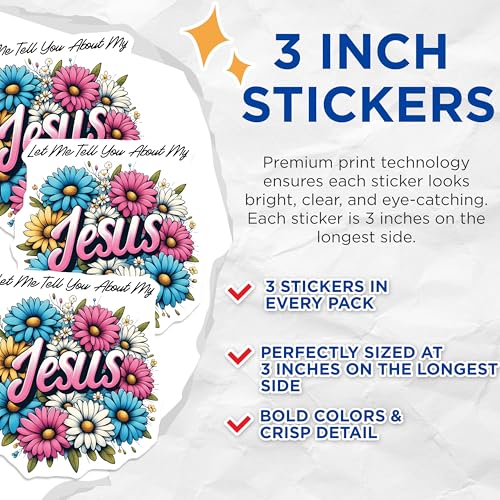 (3 Pack) Jesus Decals - Floral Stickers - Let Me Tell You About My Jesus Laptop Decal - 3 Inches On Longest Side - Easy Peel & Apply - Made in USA - 3MCS2520
