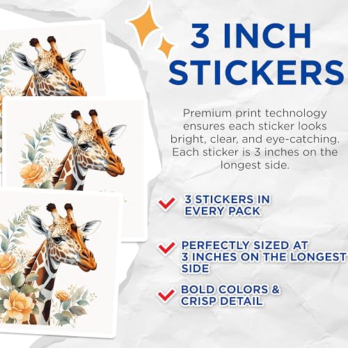 (3 Pack) Giraffe Flower Decals - Floral Giraffe Sticker - Animal Laptop Decal - 3 Inches On Longest Side - Easy Peel & Apply - Made in USA - 3MCS7452