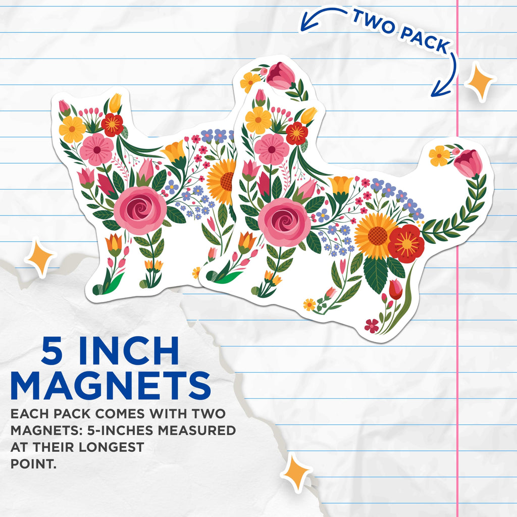 (2 Pack) Floral Cat Magnets - Boho Animal Art - Refrigerator Locker Decor - 5 Inches On Longest Side - Thick Durable Magnet - Made in USA - MAG19714