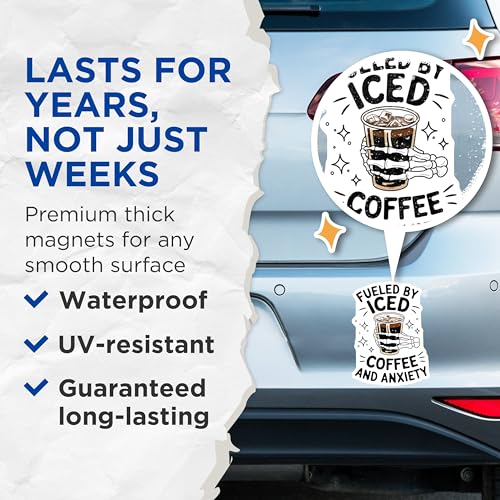 (2 Pack) Fueled by Iced Coffee Magnets - Anxiety Skeleton Hand Magnetic Decal - Fun Kitchen Fridge - 5" On Longest Side - for Cars, Fridges, Toolboxes - Made in USA - MAG3629