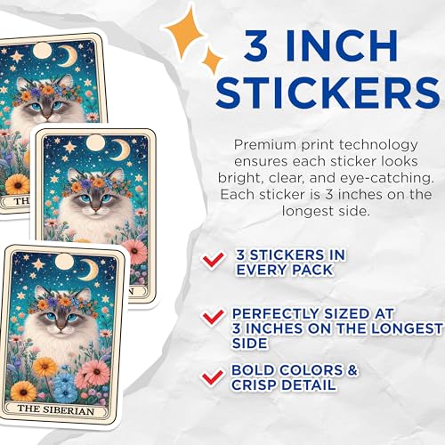 (3 Pack) Siberian Cat Decals - Floral Crown - Laptop Decal - Cute Cat - 3 Inches On Longest Side - Easy Peel & Apply - Made in USA - 3MCS4077