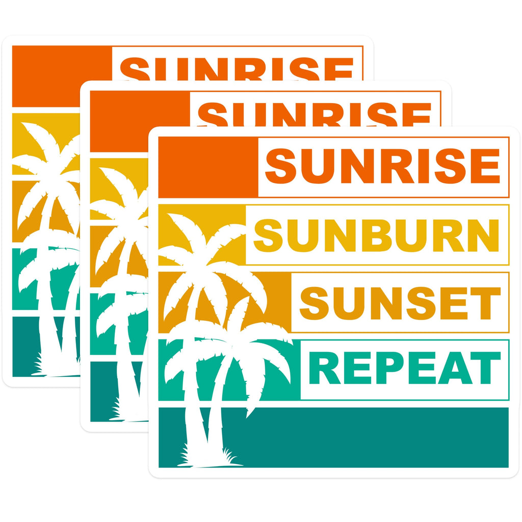 (3 Pack) Sunrise Sunburn Repeat Decals - Vacation Laptop - Tropical Decals - 3 Inches On Longest Side - Easy Peel & Apply - Made in USA - 3MCS4102