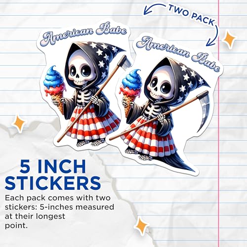 (2 Pack) Cute Skeleton Stickers - Ice Cream Reaper - Patriotic Skeleton - Halloween Decor - Fun Grim Reaper - 5" On Longest Side - Sticks to Smooth Flat Surfaces - Made in USA - BMCS7914