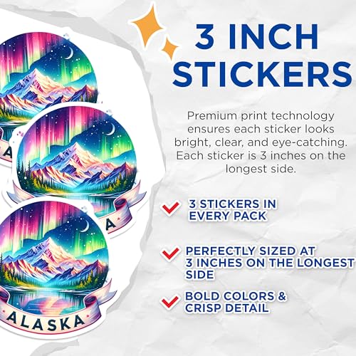 (3 Pack) Alaska Aurora Decals - Northern Lights Sticker - Laptop Decoration- 3 Inches On Longest Side - Easy Peel & Apply - Made in USA - 3MCS5554