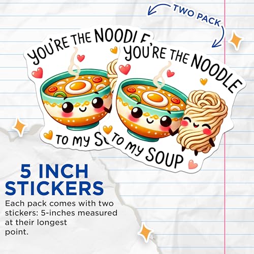 (2 Pack) Cute Soup and Noodle Stickers - Adorable Food Stickers - Funny Cartoon Stickers - 5" On Longest Side - Sticks to Any Smooth Flat Surface - Made in USA - BMCS3538