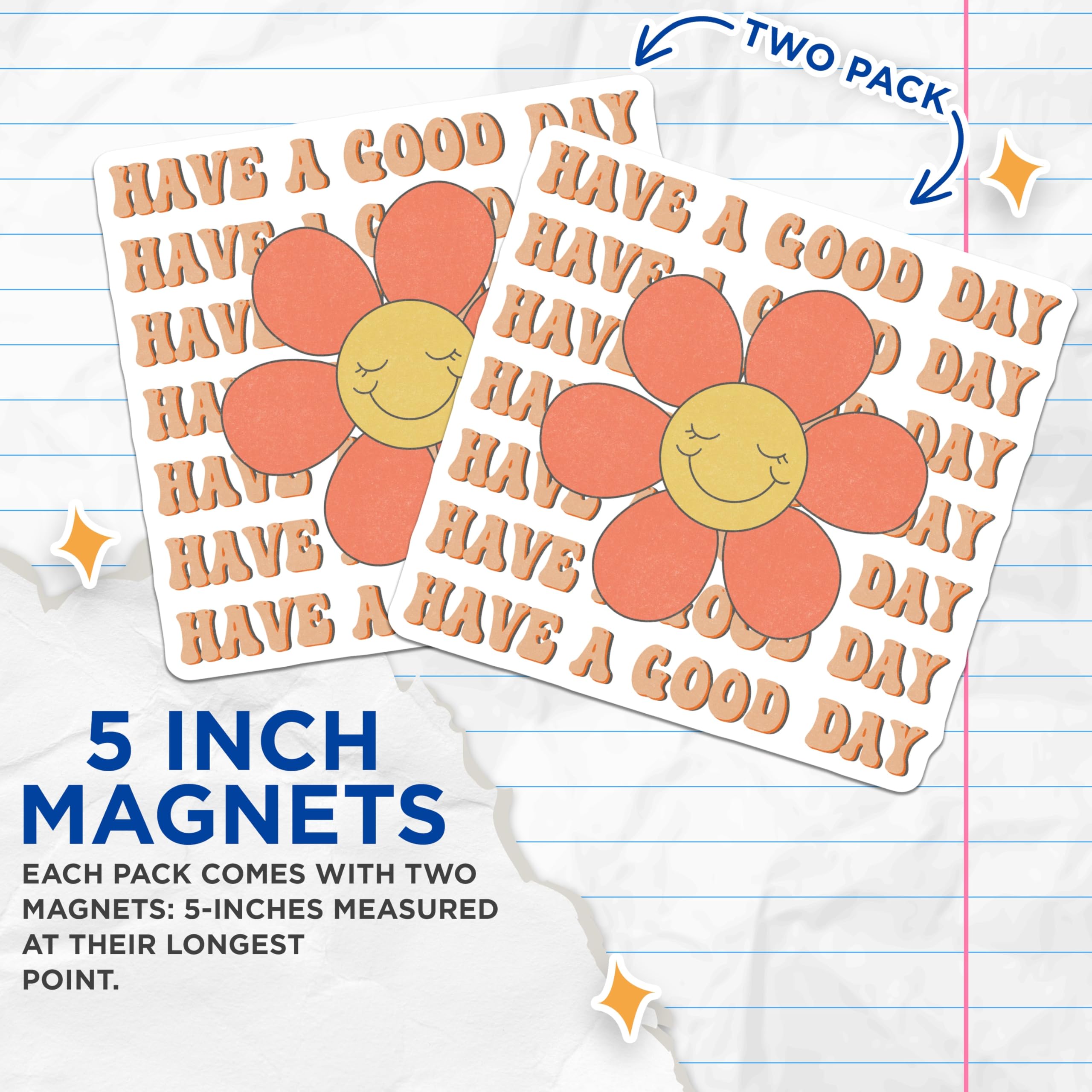 (2 Pack) Retro Flower Magnets - Have A Good Day - Smiley Face Magnet Set - 5" On Longest Side - Premium Magnet - for Cars, Refrigerators, Toolboxes, Lockers - Made in USA - MAG15026