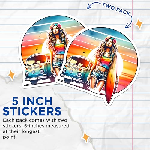 (2 Pack) Surfer Girl Stickers - Retro Van - Beach Vibes Decals - 5" On Longest Side - Sticks to Smooth Flat Surfaces - Made in USA - BMCS8882