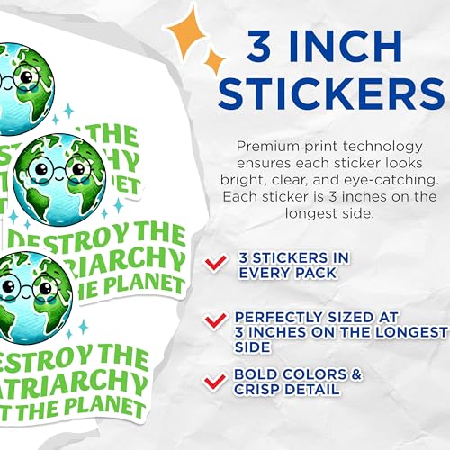 (3 Pack) Feminist Decals - Destroy Patriarchy - Earth Activist Decals - 3 Inches On Longest Side - Easy Peel & Apply - Made in USA - 3MCS7115