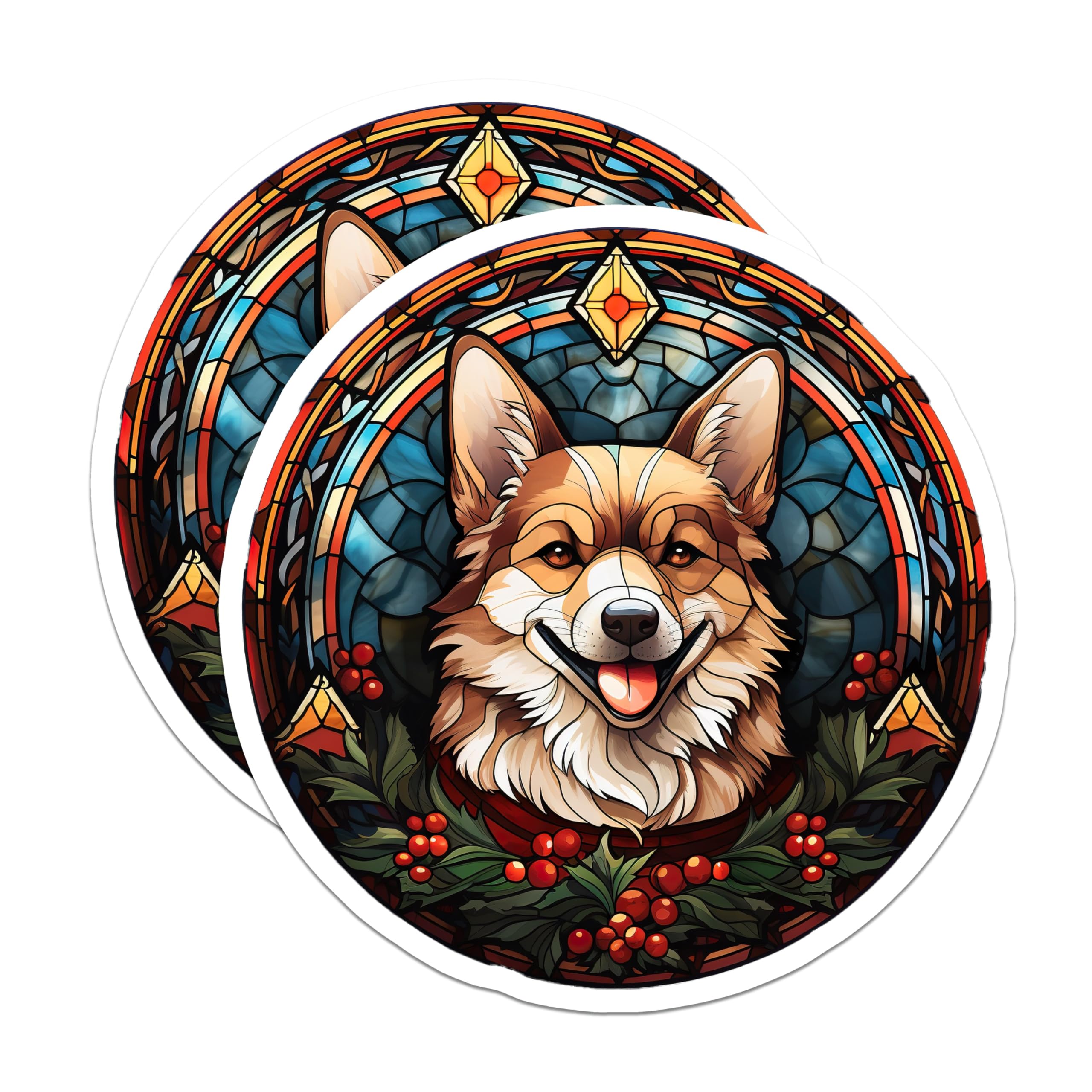 (2 Pack) Corgi Dog Magnets - Stained Glass Art - Holiday Pet Decor - 5 Inches On Longest Side - Thick Durable Magnet - Made in USA - MAG30620