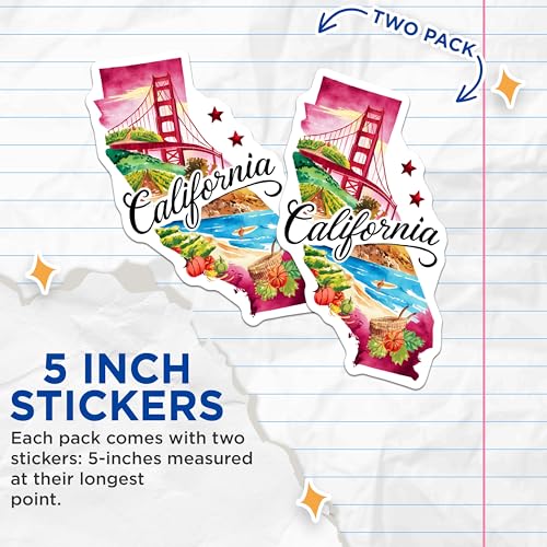 (2 Pack) California Stickers - Golden Gate Bridge Stickers - Scenic California Memories - 5" On Longest Side - Sticks to Smooth Flat Surfaces - Made in USA - BMCS6307