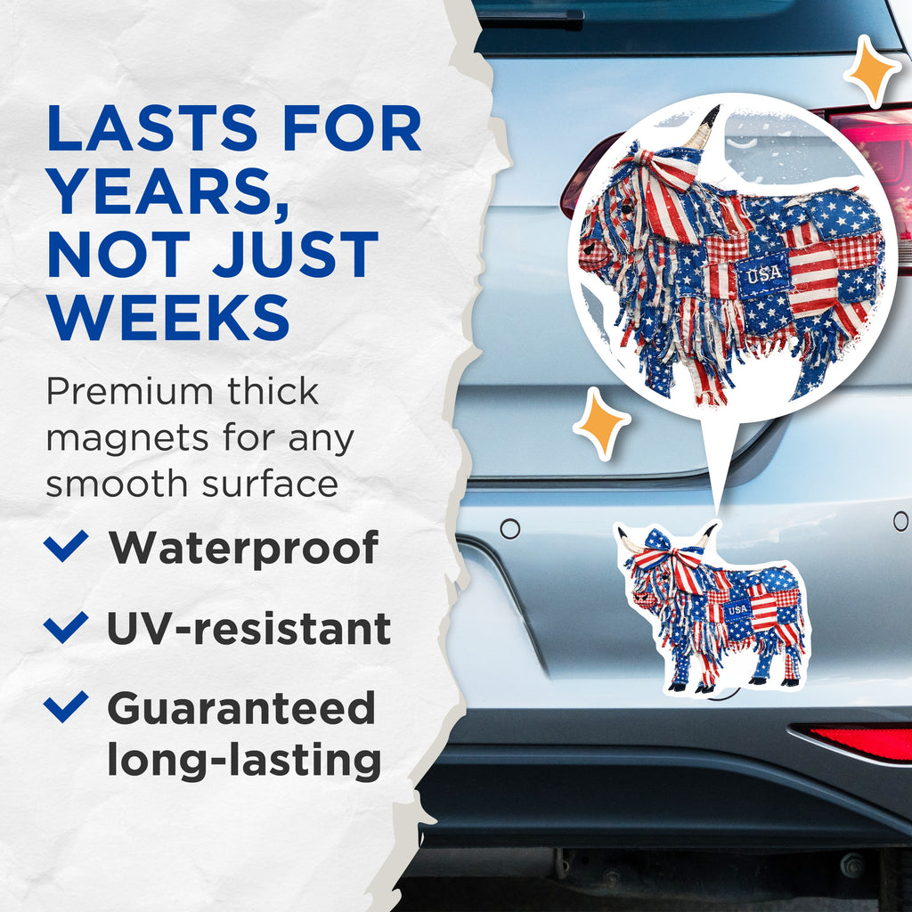 (2 Pack) American Flag Cow Magnets - Patriotic Highland Animal Decor - 4th of July Farmhouse Kitchen Art - 5 Inches On Longest Side - Thick Durable Magnet - Made in USA - MAG38776