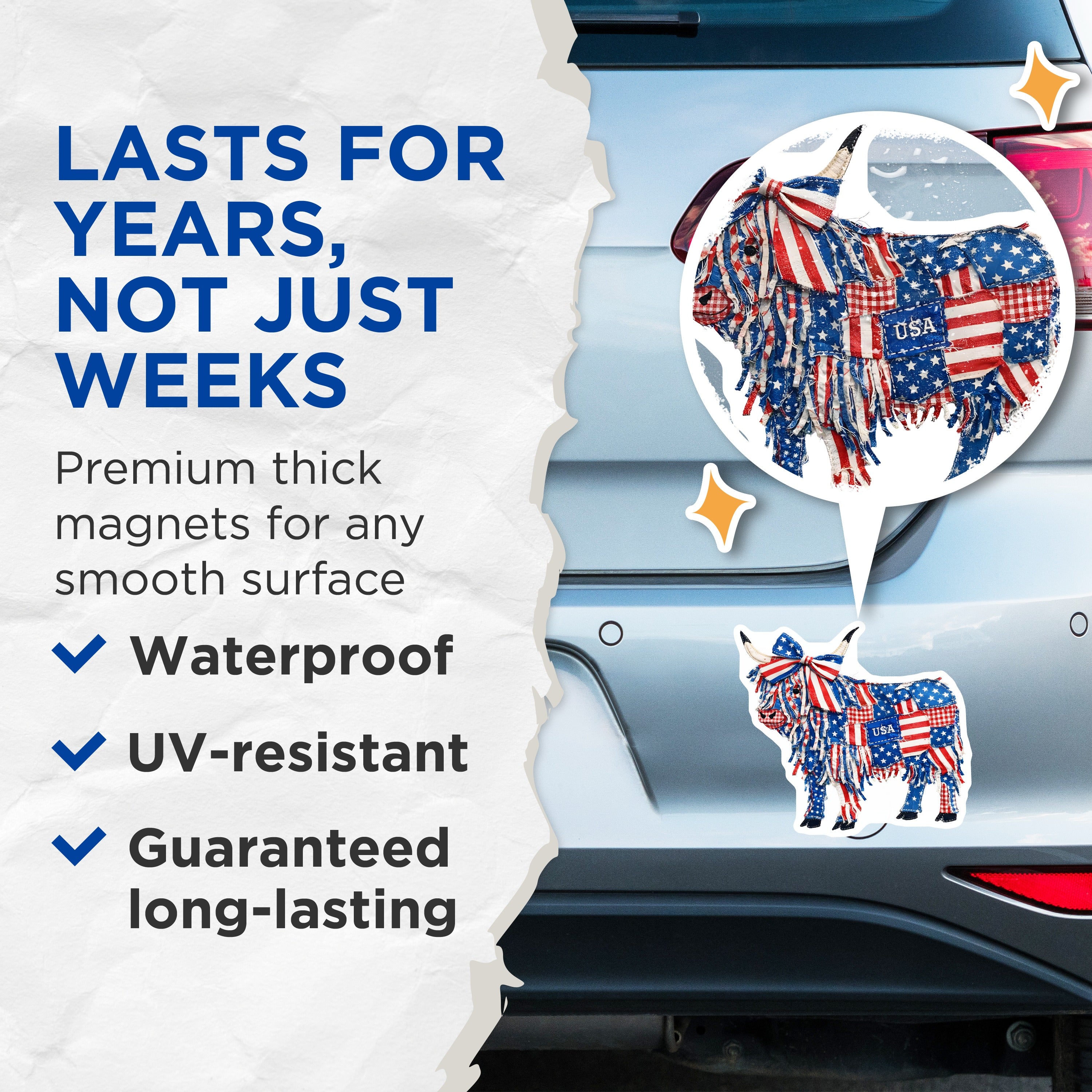(2 Pack) American Flag Cow Magnets - Patriotic Highland Animal Decor - 4th of July Farmhouse Kitchen Art - 5 Inches On Longest Side - Thick Durable Magnet - Made in USA - MAG38776