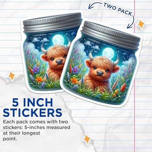 (2 Pack) Highland Cow Stickers - Cute Animal Art - Adorable Nature Design - 5" On Longest Side - Sticks to Smooth Flat Surfaces - Made in USA - BMCS9351