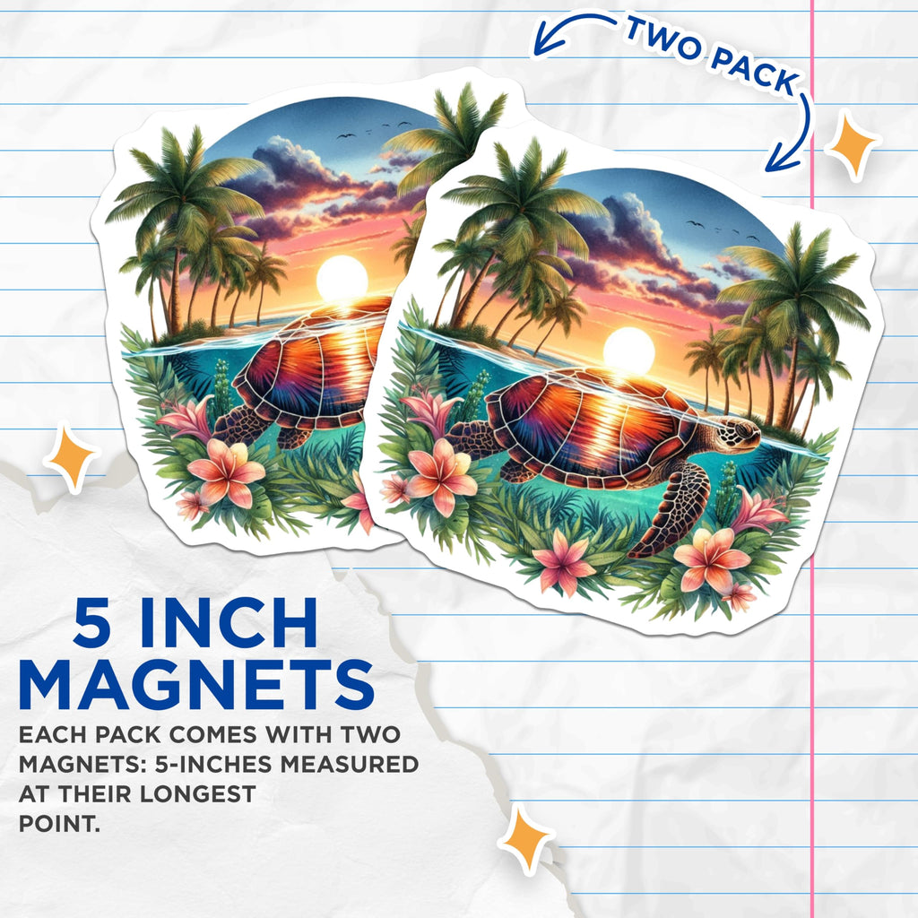 (2 Pack) Sea Turtle Magnets - Vibrant Tropical Sunset Scene - Palm Tree Beach Ocean Decor - Island Life Wildlife Magnets - 5 Inches On Longest Side - Thick Durable Magnet - Made in USA - MAG22757