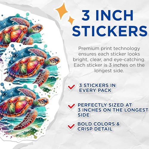 (3 Pack) Sea Turtle Decals - Colorful Turtle Stickers - Ocean Animal Stickers - 3 Inches On Longest Side - Easy Peel & Apply - Made in USA - 3MCS7971
