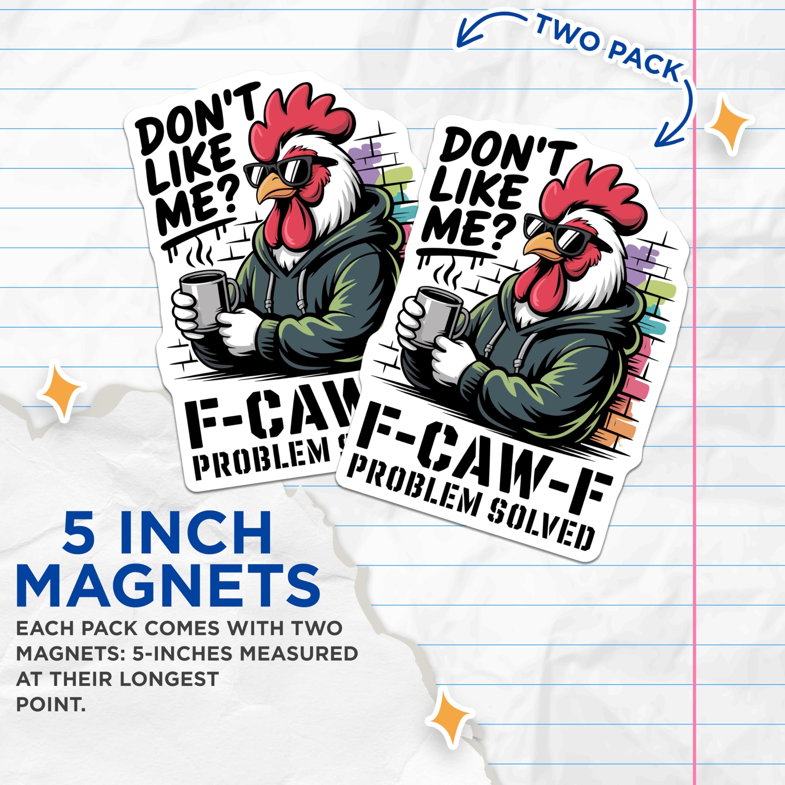 (2 Pack) Funny Rooster Magnets - Sarcastic Chicken Quote Decor - F-CAW-F Problem Solved Kitchen Fridge Art - 5 Inches On Longest Side - Thick Durable Magnet - Made in USA - MAG22686