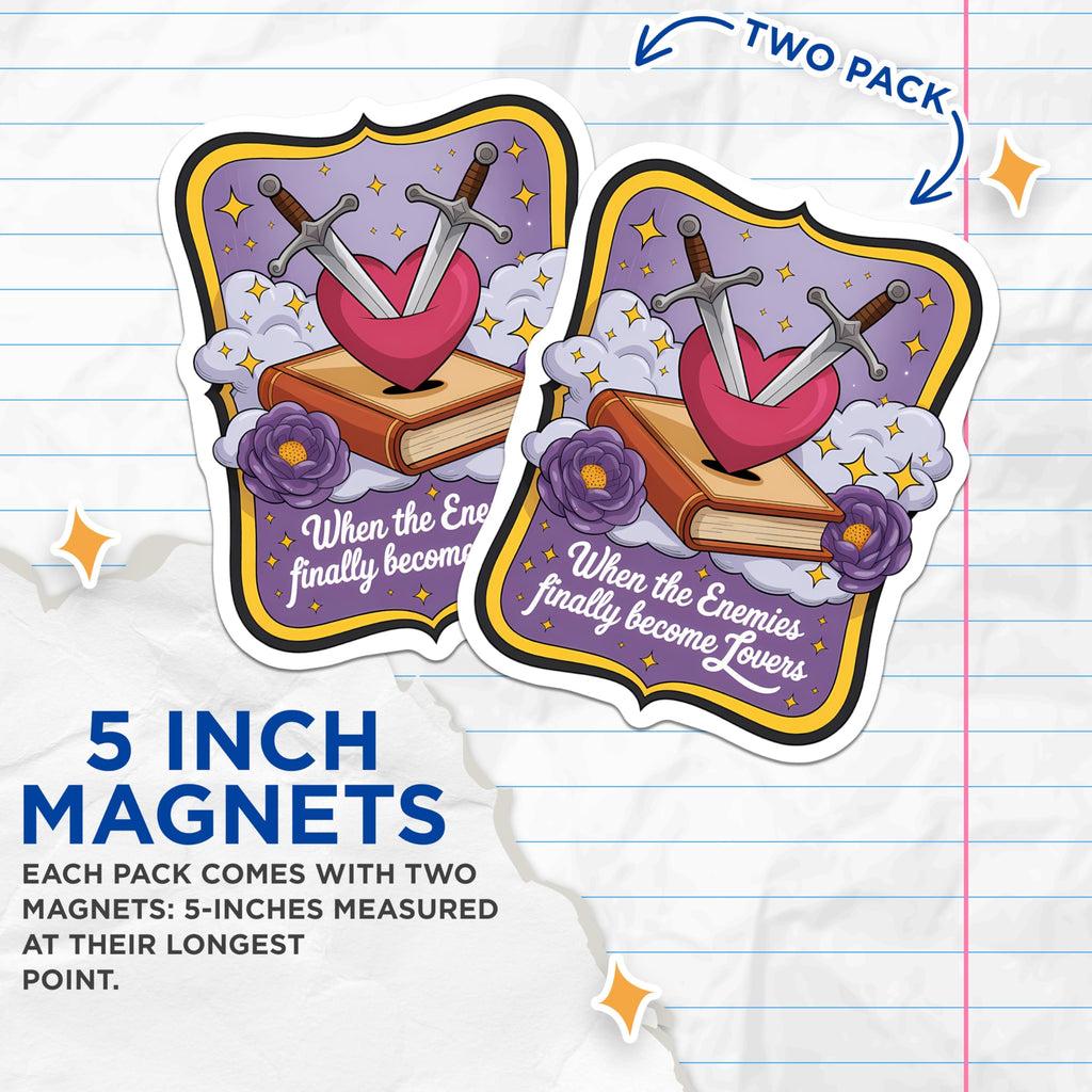 (2 Pack) Enemies to Lovers Magnets - Fantasy Romance Book Art - Swords Heart Decor - 5 Inches On Longest Side - Thick Durable Magnet - Made in USA - MAG23194