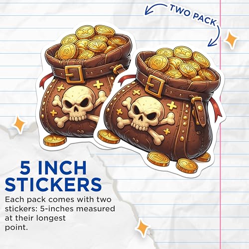 (2 Pack) Pirate Treasure Stickers - Skull and Crossbones - Gold Coins - 5" On Longest Side - Sticks to Smooth Flat Surfaces - Made in USA - BMCS6813