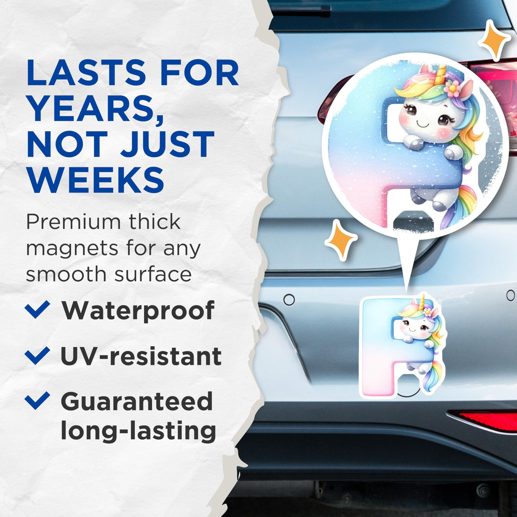 (2 Pack) Unicorn Letter P Magnets - Alphabet Initial Decor - Rainbow Pony Fridge Magnets - 5" On Longest Side - Premium Magnet - for Cars, Refrigerators, Toolboxes, Lockers - Made in USA - MAG16166