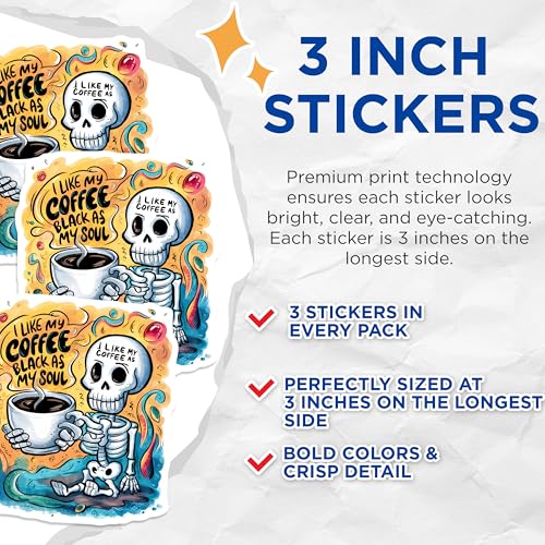 (3 Pack) Coffee Skeleton Decals - Black Coffee Lover - Funny Laptop Decal - 3 Inches On Longest Side - Easy Peel & Apply - Made in USA - 3MCS2513