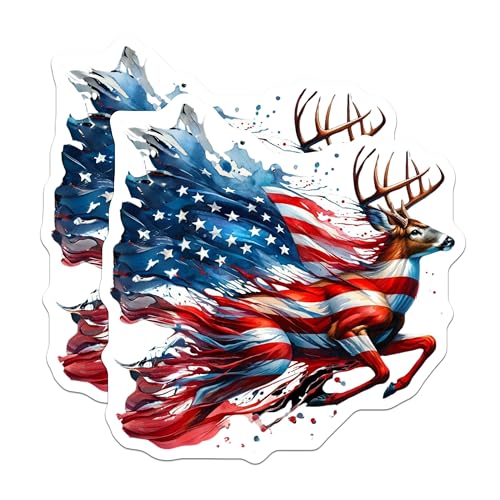 (2 Pack) American Flag Deer Stickers - Patriotic Animal Art - US Flag Wildlife Illustration - 5" On Longest Side - Sticks to Smooth Flat Surfaces - Made in USA - BMCS8653