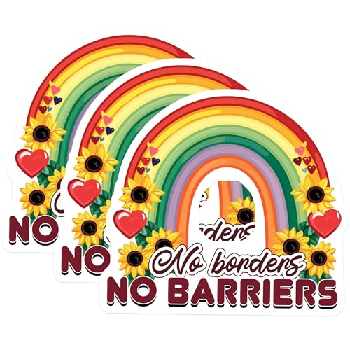 (3 Pack) No Borders No Barriers Decals - Rainbow Sunflower Sticker - Laptop Decal - 3 Inches On Longest Side - Easy Peel & Apply - Made in USA - 3MCS7958