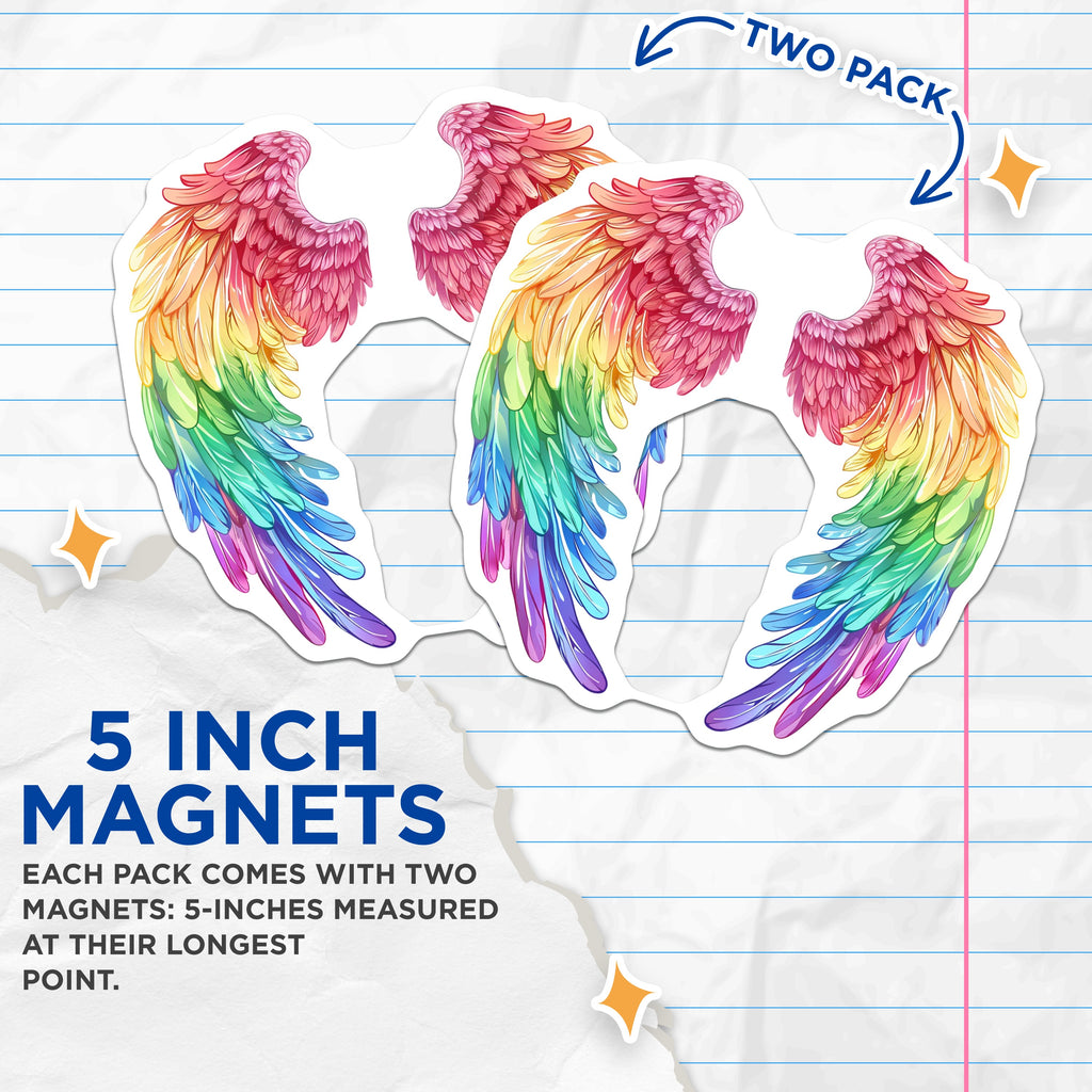 (2 Pack) Rainbow Wings Magnets - LGBTQ Pride Decor - Angelic Fairycore Aesthetic - Vibrant Kitchen Decor - Refrigerator Art - 5 Inches On Longest Side - Thick Durable Magnet - Made in USA - MAG37677