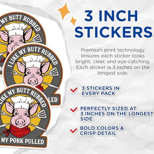 (3 Pack) Funny Pig Decals - BBQ Lover Decal - Chef Pig Sticker - 3 Inches On Longest Side - Easy Peel & Apply - Made in USA - 3MCS0519