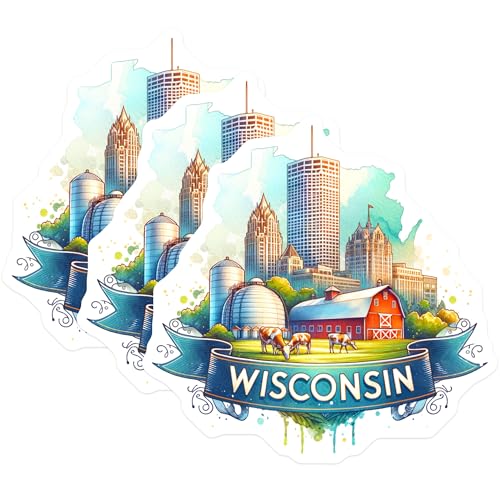 (3 Pack) Wisconsin Decals - Wisconsin Laptop Decal - Wisconsin State Decal- 3 Inches On Longest Side - Easy Peel & Apply - Made in USA - 3MCS5339
