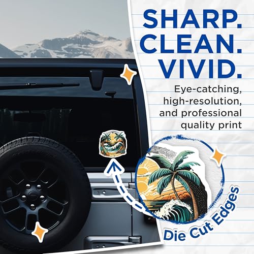 (2 Pack) Tropical Beach Surf Stickers - Ocean Wave - Palm Trees Sticker Decal - 5" On Longest Side - Sticks to Smooth Flat Surfaces - Made in USA - BMCS9254