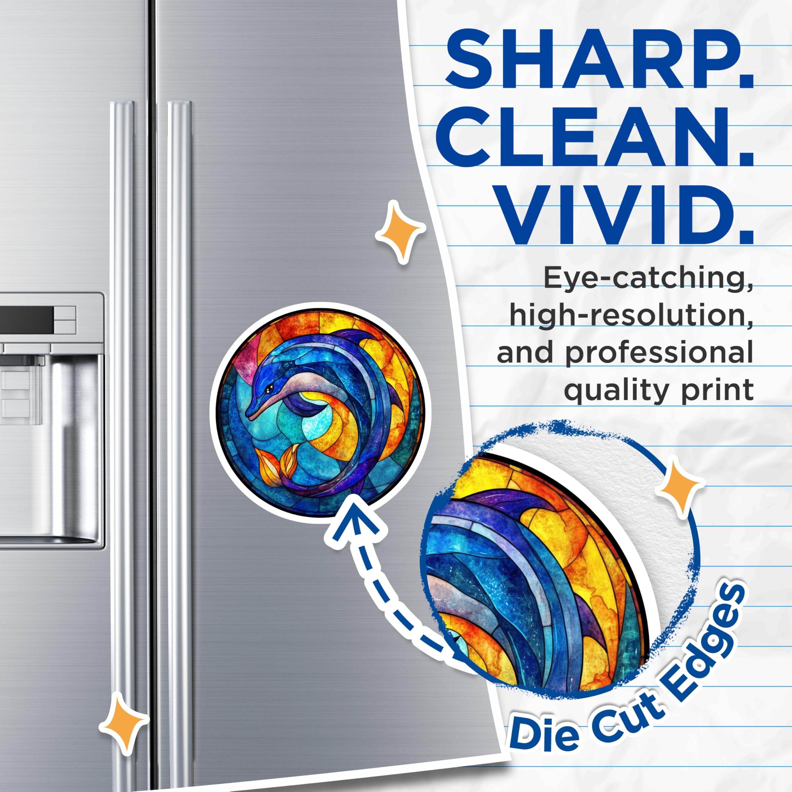 (2 Pack) Stained Glass Dolphin Magnets - Ocean Animal Decor - Vibrant Sea Life - Artistic Fridge Magnet - 5 Inches On Longest Side - Thick Durable Magnet - Made in USA - MAG29256